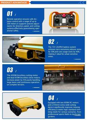 Tosaerba cingolato intelligente radiocomandato, con batteria al litio ferro fosfato (LiFePO₄), trazione integrale, a risparmio energetico ed ecologico, e 3 ore di funzionamento continuo.